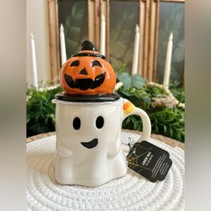 Halloween Ghost Mug with Pumpkin Lid in Witch Hat Cany Corn 17 fl oz